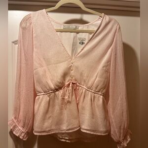 Abercrombie & Fitch Pink Puff Sleeve Tie Front Blouse- Pink Size Medium